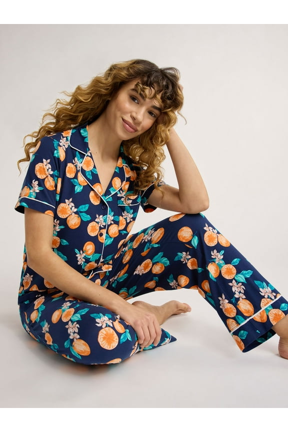 Women's Dreamy Soft Collection Notch Collar Short Sleeve Knit Top & Capri Pajama Set, 2-Piece, Sizes XS-3X