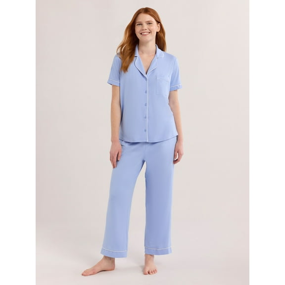 Joyspun Women's Dreamy Soft Collection Notch Collar Short Sleeve Knit Top & Capri Pajama Set, 2-Piece, Sizes XS-3X