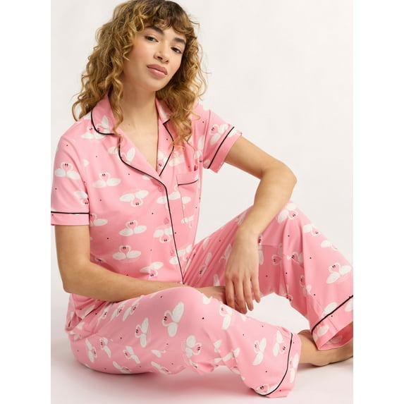 Joyspun Women's Dreamy Soft Collection Notch Collar Short Sleeve Knit Top & Capri Pajama Set, 2-Piece, Sizes XS-3X