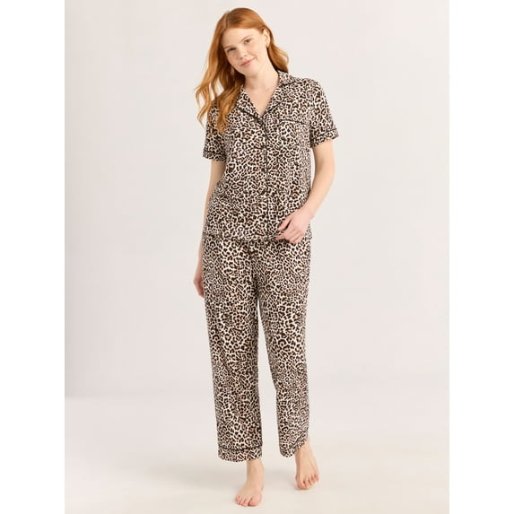 Joyspun Women's Dreamy Soft Collection Notch Collar Short Sleeve Knit Top & Capri Pajama Set, 2-Piece, Sizes XS-3X
