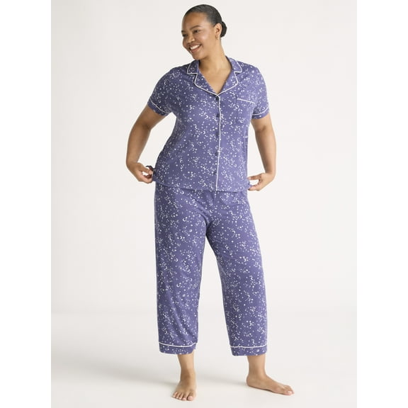 Joyspun Women's Dreamy Soft Collection Notch Collar Short Sleeve Knit Top & Capri Pajama Set, 2-Piece, Sizes XS-3X