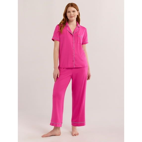 Joyspun Women's Dreamy Soft Collection Notch Collar Short Sleeve Knit Top & Capri Pajama Set, 2-Piece, Sizes XS-3X