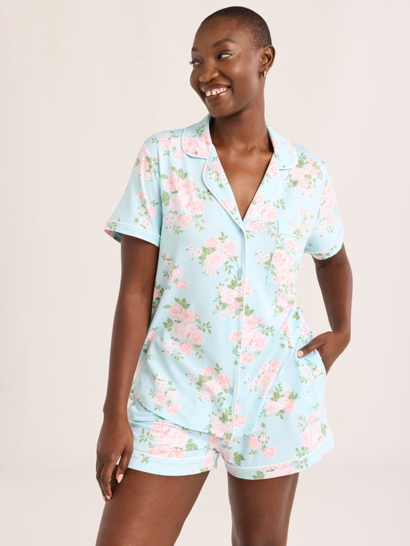 Women's Dreamy Soft Notch Collar Top and Shorts Pajama Set, 2-Piece, Aqua Cloud Bouquet, Sizes XS-3X