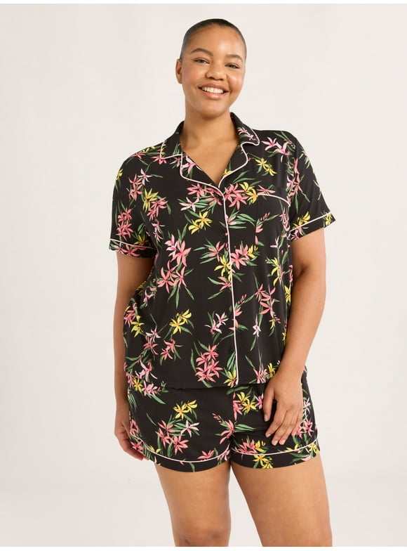 Joyspun Women’s Dreamy Soft Collection Short Sleeve Knit Notch Collar Top and Shorts Pajama Set, 2-Piece, Sizes XS-3X