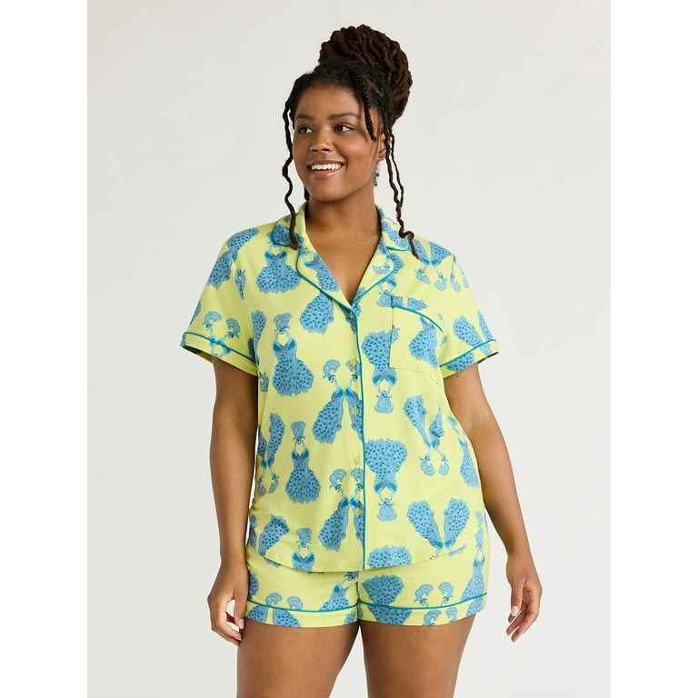Joyspun Women s Short Sleeve Notch Collar Top and Shorts Knit Pajama Set 2 Piece Sizes S to 3X Walmart