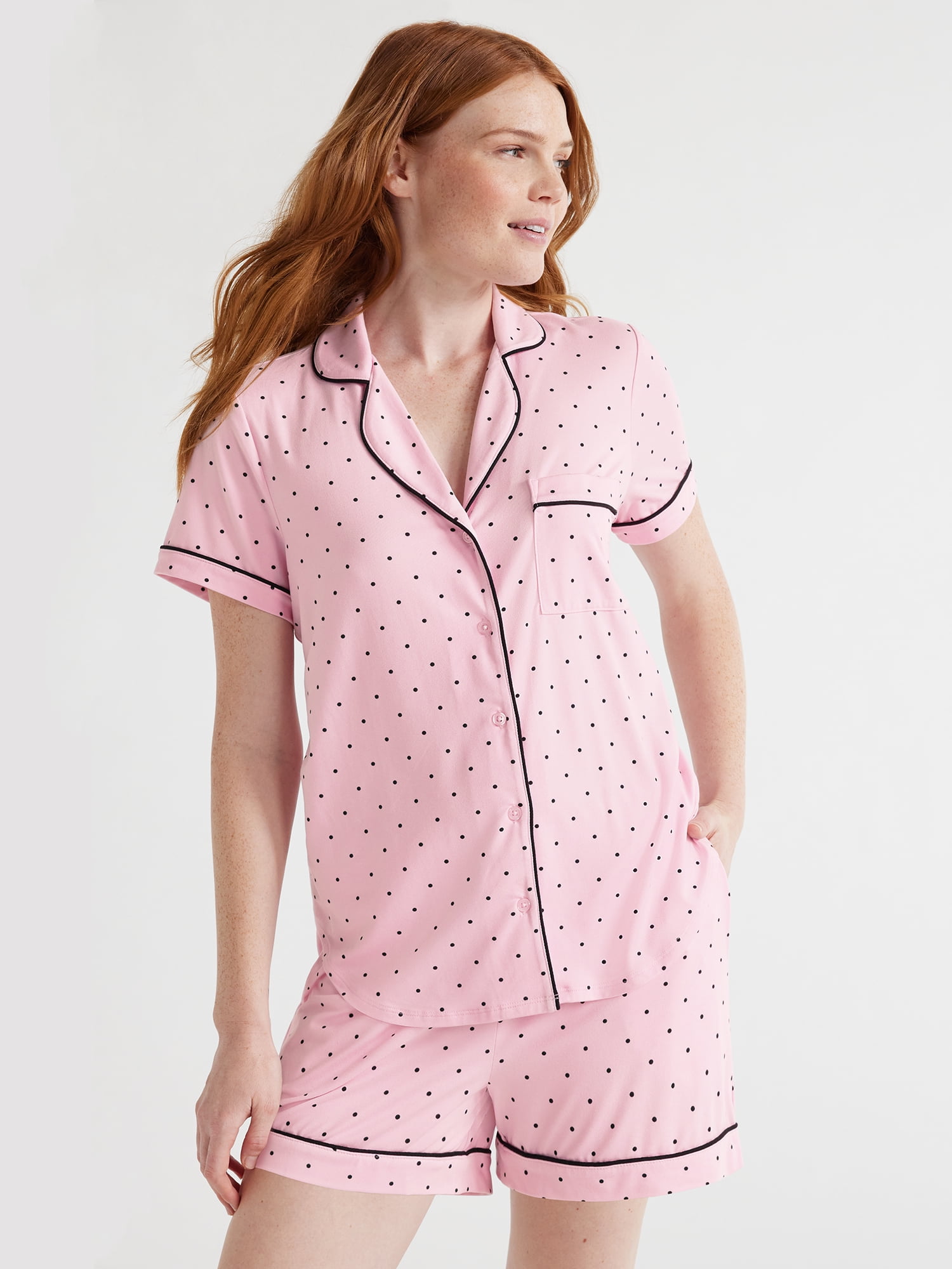 Joyspun Women s Short Sleeve Notch Collar Top and Shorts Knit Pajama Set 2 Piece Sizes S to 3X Walmart
