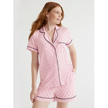 Joyspun Women’s Short Sleeve Notch Collar Top and Shorts Knit Pajama Set, 2-Piece, Sizes S to 3X