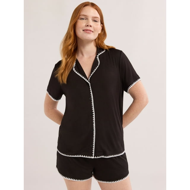 Joyspun Women’s Short Sleeve Notch Top and Shorts Pajama Set with Blanket Stitching, Sizes XS-3X