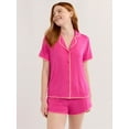 thumbnail image 1 of Joyspun Women’s Short Sleeve Notch Top and Shorts Pajama Set with Blanket Stitching, Sizes XS-3X, 1 of 6
