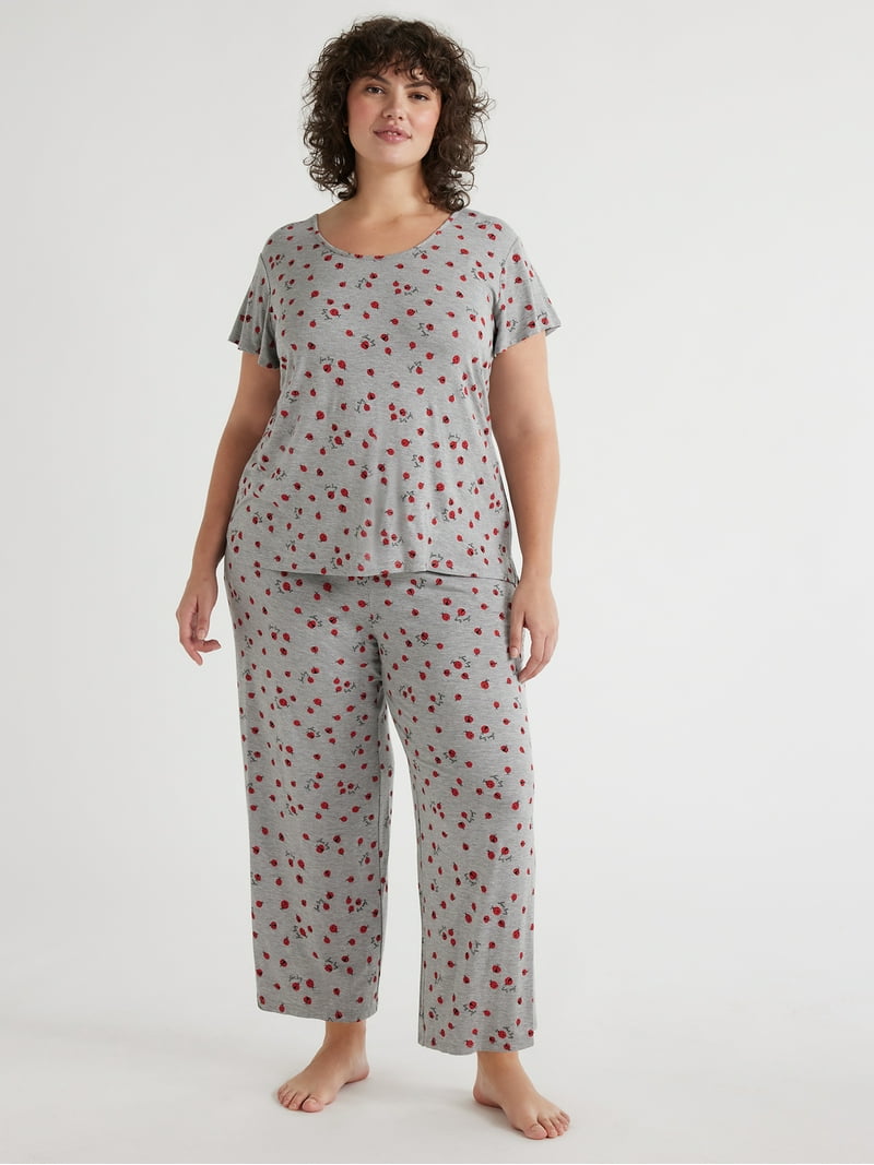 Joyspun Women's Short Sleeve Scoop Neck Top and Cropped Pants Knit