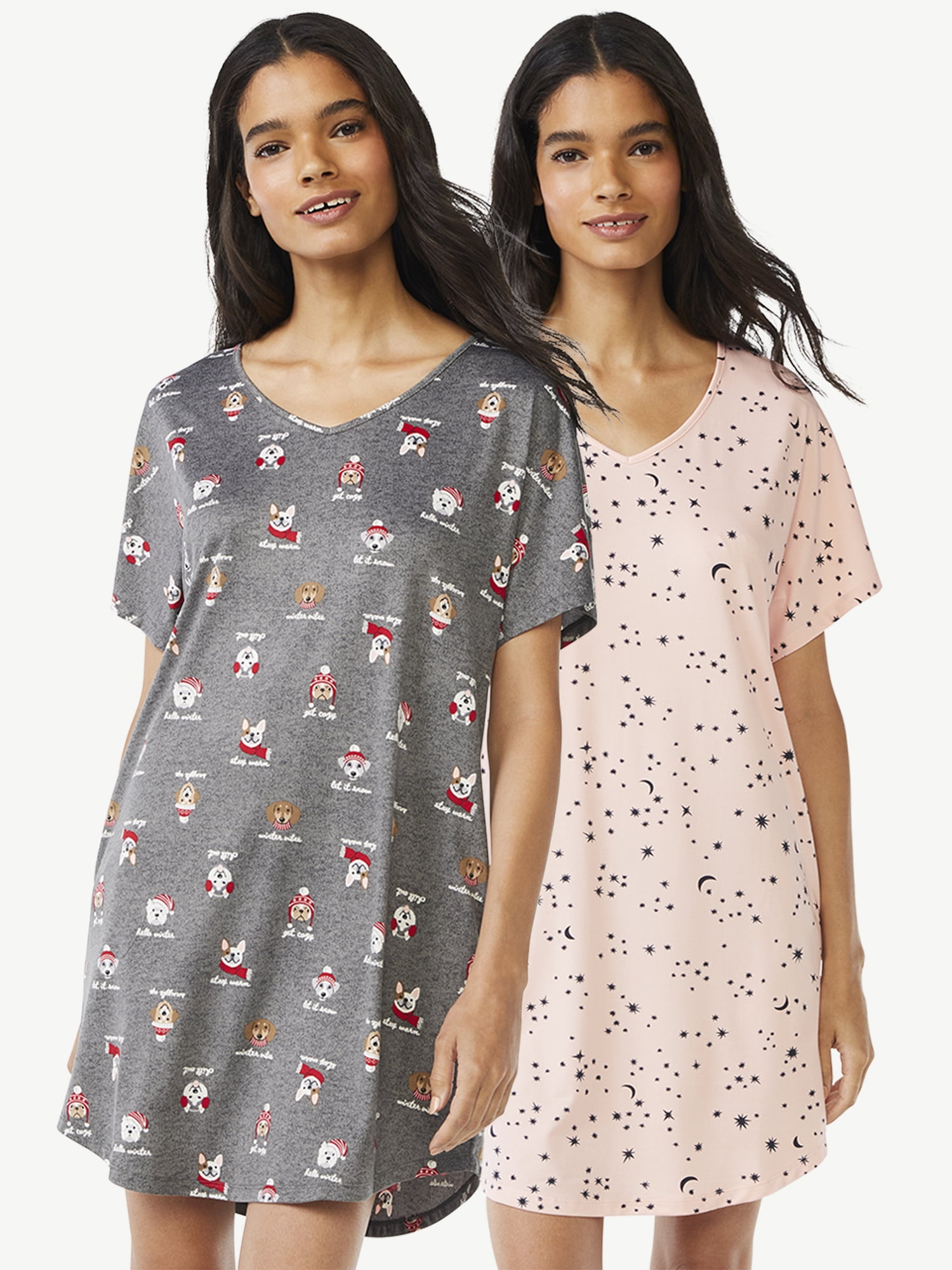 Joyspun Women's Short Sleeve Sleep Shirts, 2-Pack, Sizes S/M to 2X/3X