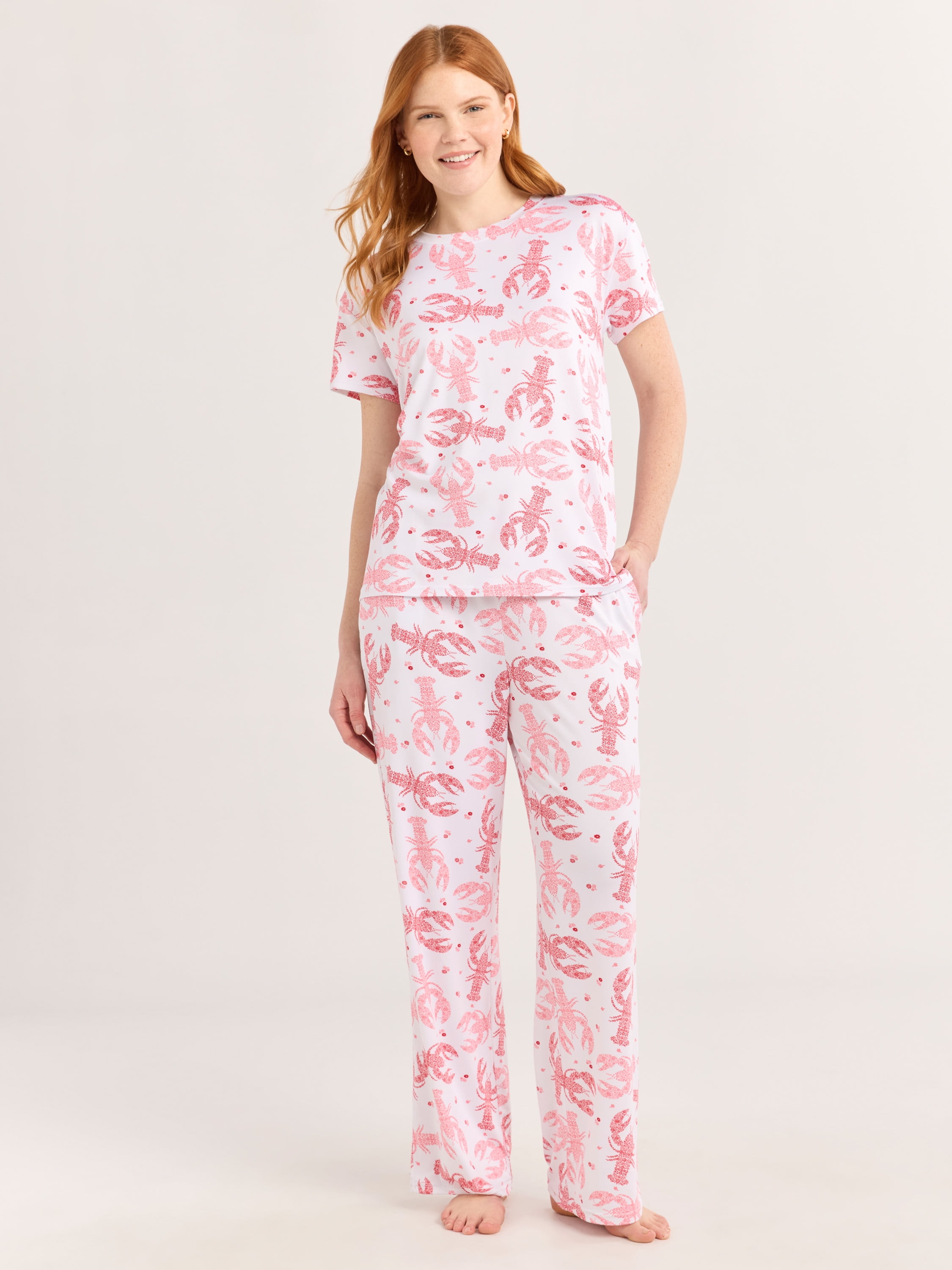 Joyspun Women's Short Sleeve Sleep Top and Open Leg Pants Pajama Set, 2-Piece, Sizes XS-3X