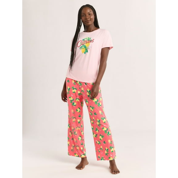 Joyspun Women's Short Sleeve Sleep Top and Open Leg Pants Pajama Set, 2-Piece, Sizes XS-3X