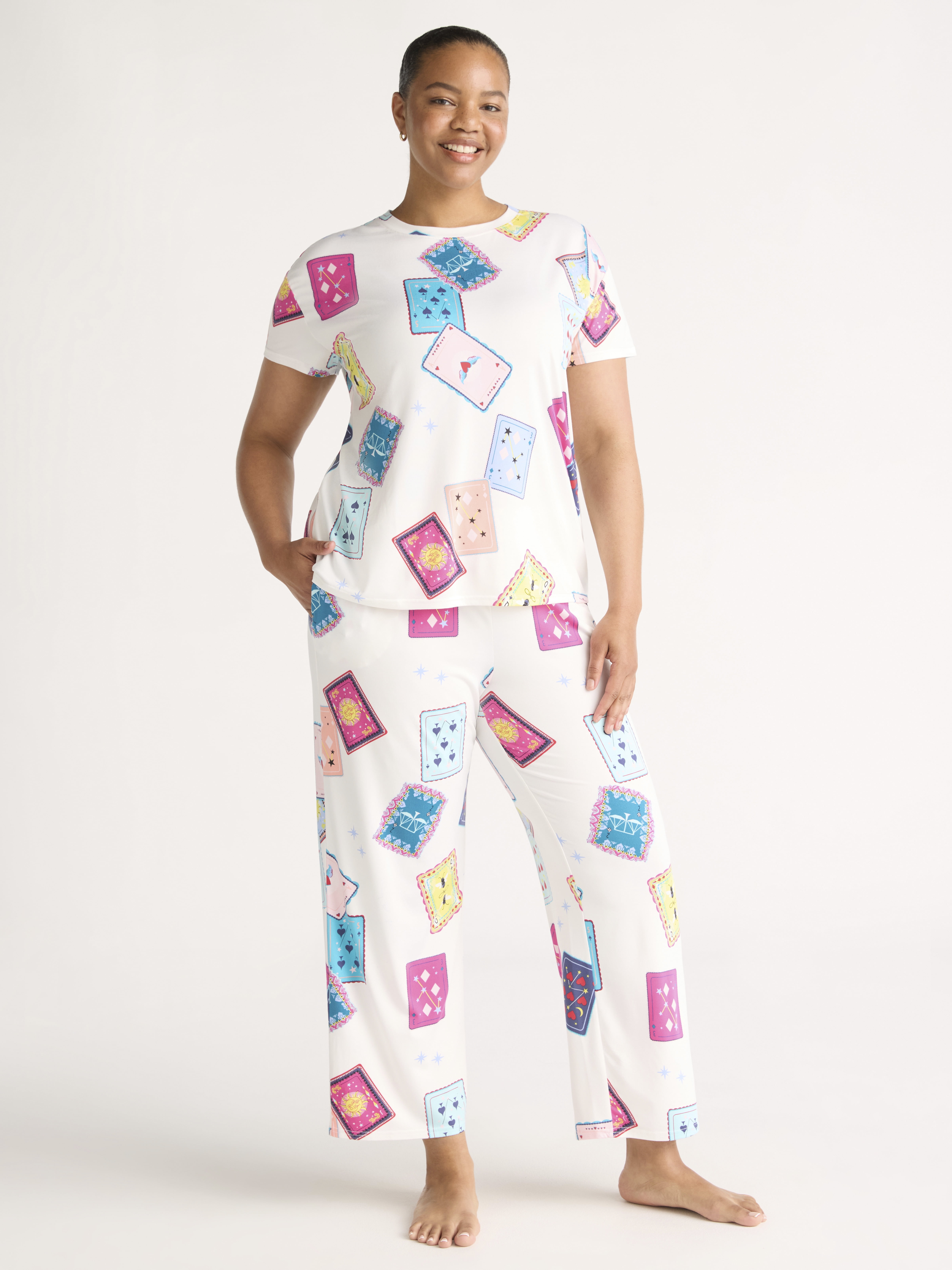 Joyspun Women's Short Sleeve Sleep Top and Open Leg Pants Pajama Set, 2-Piece, Sizes XS-3X