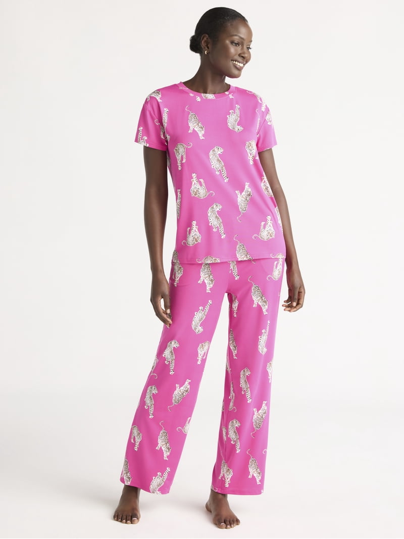 Joyspun Women's Short Sleeve Sleep Top and Open Leg Pajama Set