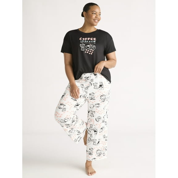 Joyspun Women's Short Sleeve Sleep Top and Open Leg Pants Pajama Set, 2-Piece, Sizes XS-3X