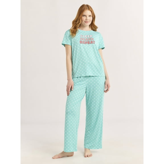 Joyspun Women's Short Sleeve Sleep Top and Open Leg Pants Pajama Set, 2-Piece, Sizes XS-3X