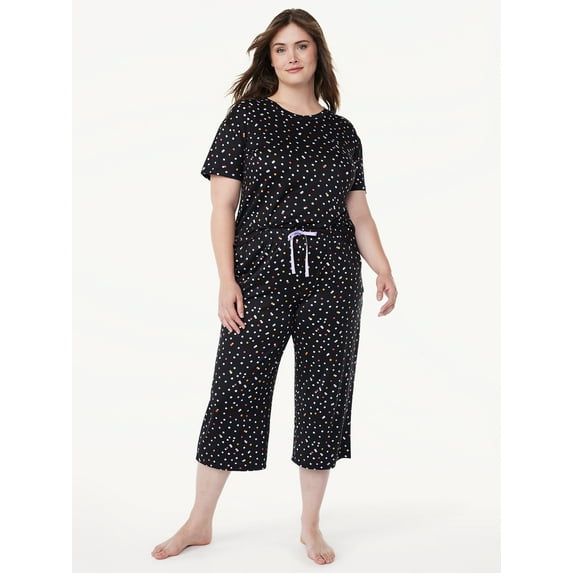 Joyspun Women's Short Sleeve T-Shirt and Cropped Pants Pajama Set, Sizes S-3X