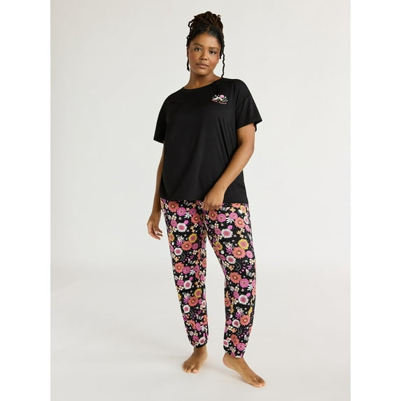 Joyspun Women's Short Sleeve T-Shirt and Jogger Pants Sleep Set, 2-Piece, Sizes S to 3X