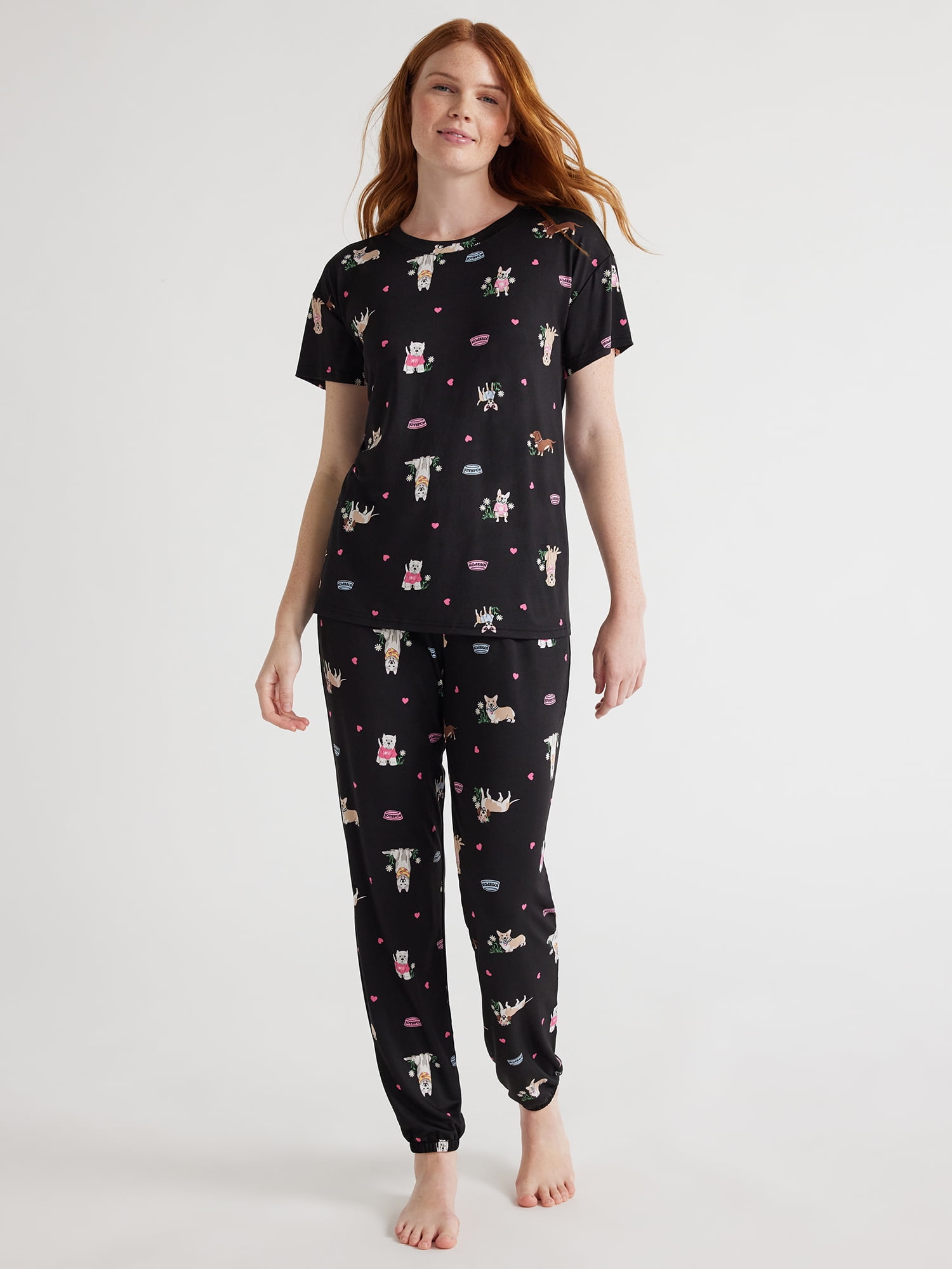 Joyspun Women’s Short Sleeve Tee and Joggers Pajama Set, 2Piece, Sizes