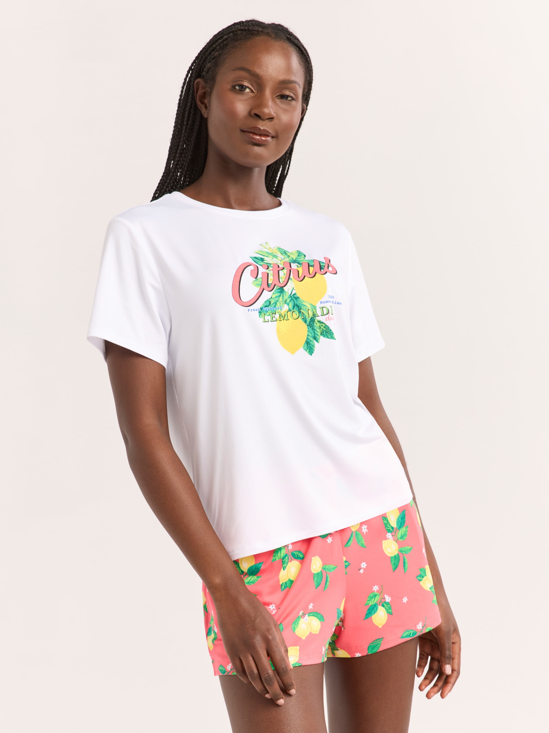 Joyspun Women's Short Sleeve Top and Shorts Pajama Set, 2-Piece, Sizes XS-3X