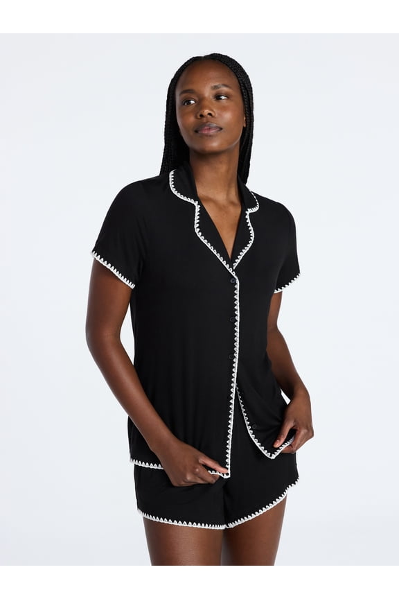 Women’s Notch Top and Boxer Shorts Pajama Set with Blanket Stitching, 2-Piece, Sizes XS-3X