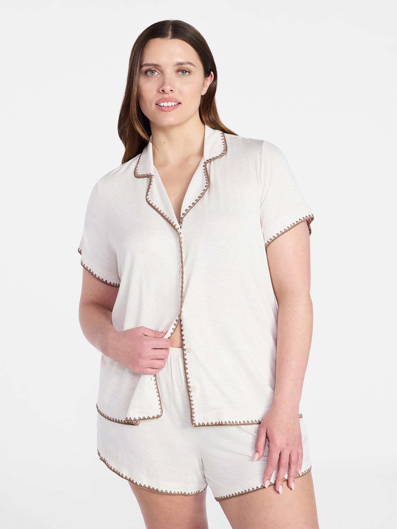 Joyspun Women’s Notch Top and Boxer Shorts Pajama Set with Blanket Stitching, 2-Piece, Sizes XS-3X
