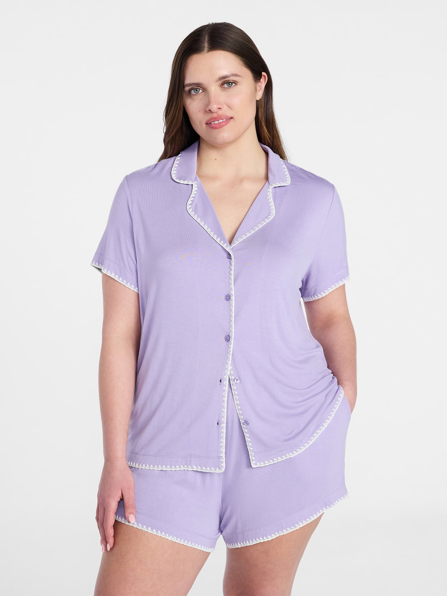 Joyspun Women’s Notch Top and Boxer Shorts Pajama Set with Blanket Stitching, 2-Piece, Sizes XS-3X