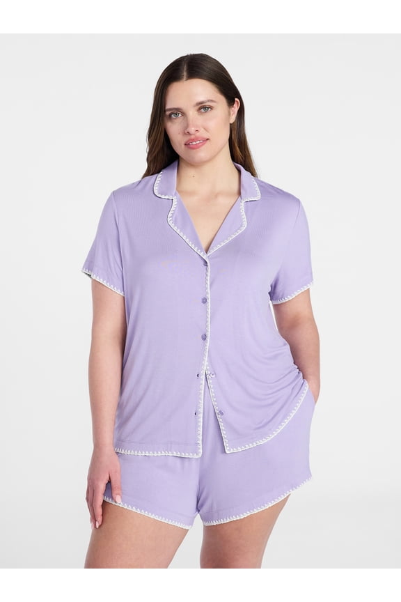 Women’s Notch Top and Boxer Shorts Pajama Set with Blanket Stitching, 2-Piece, Sizes XS-3X