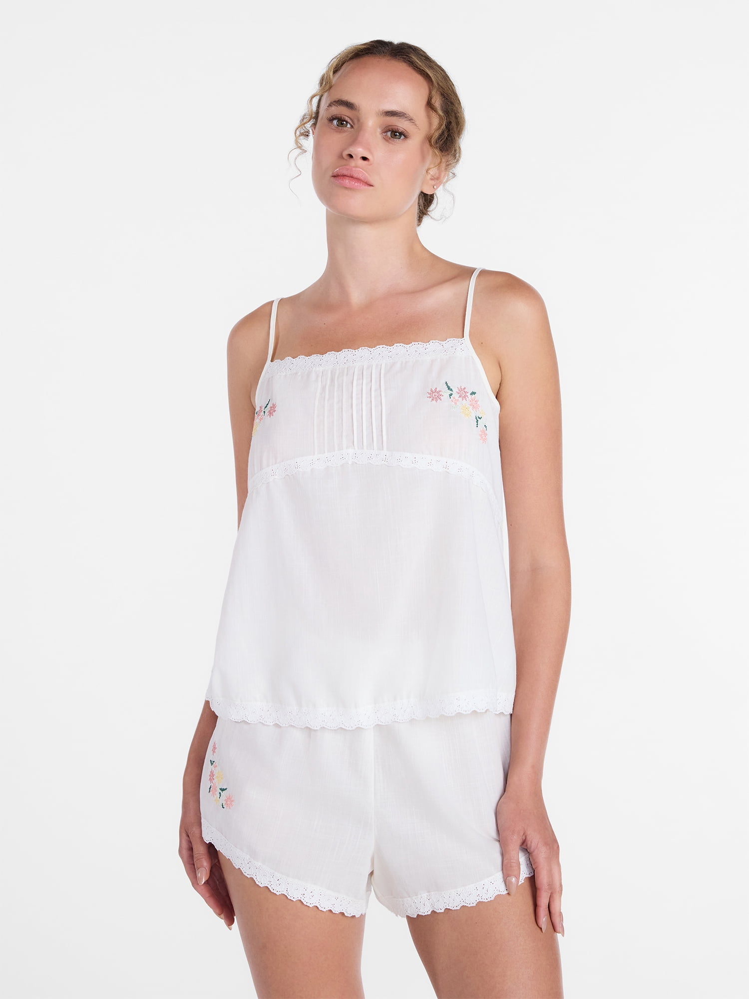 Joyspun Women's Sleep Cotton Cami and Shorts Set with Lace Trim, Sizes XS-3X