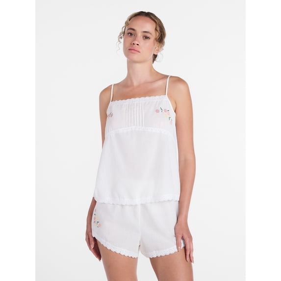 Joyspun Women's Sleep Cotton Cami and Shorts Set with Lace Trim, Sizes XS-3X