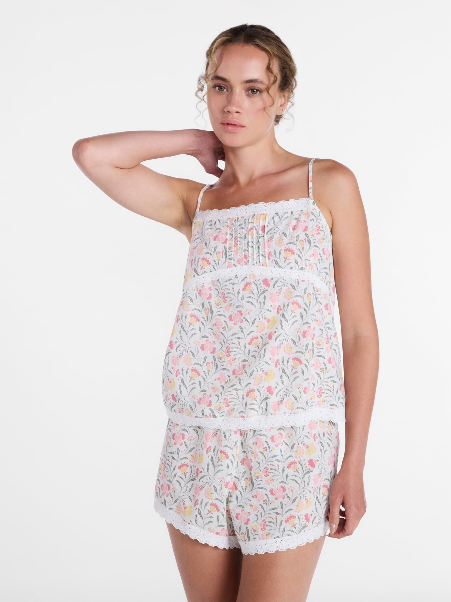 Joyspun Women's Sleep Cotton Cami and Shorts Set with Lace Trim, Sizes XS-3X