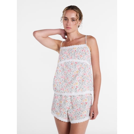 Joyspun Women's Sleep Cotton Cami and Shorts Set with Lace Trim, Sizes XS-3X