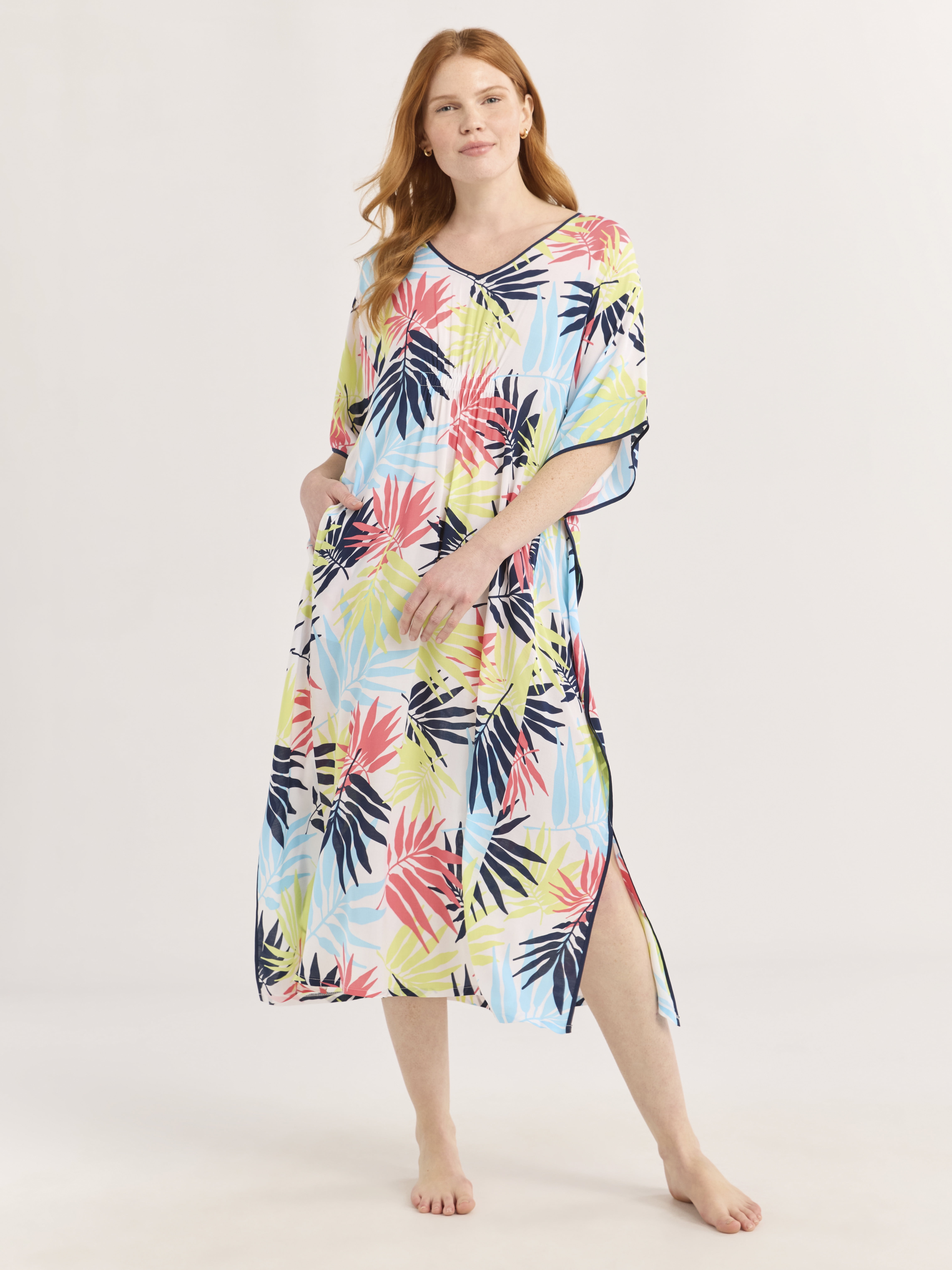 Joyspun Women's Woven Caftan Nightgown 46-inch Maxi with V-neck