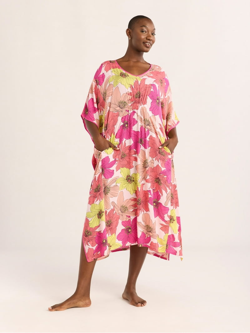 Joyspun Women's Woven Caftan Nightgown 46 inch Maxi Sleepwear with