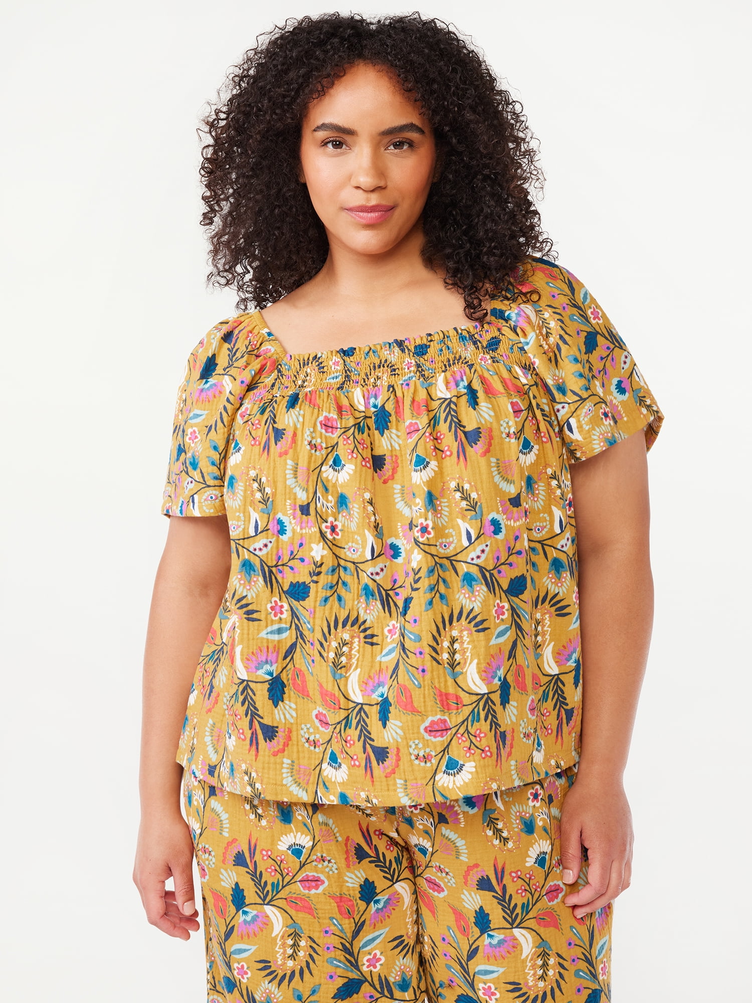 Joyspun Women's Smocked Gauze Sleep Top, Sizes S to 3X