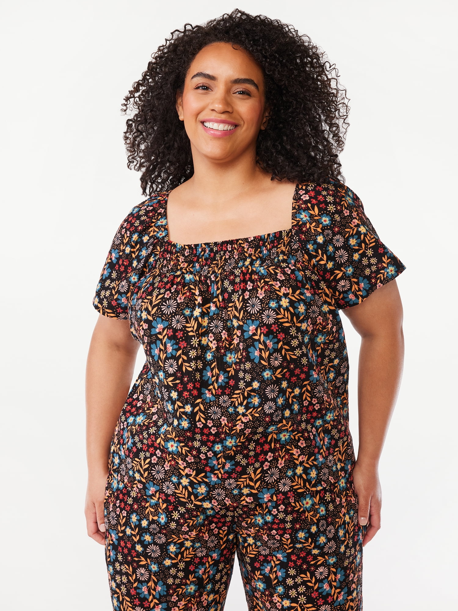Joyspun Women's Smocked Gauze Sleep Top, Sizes S to 3X