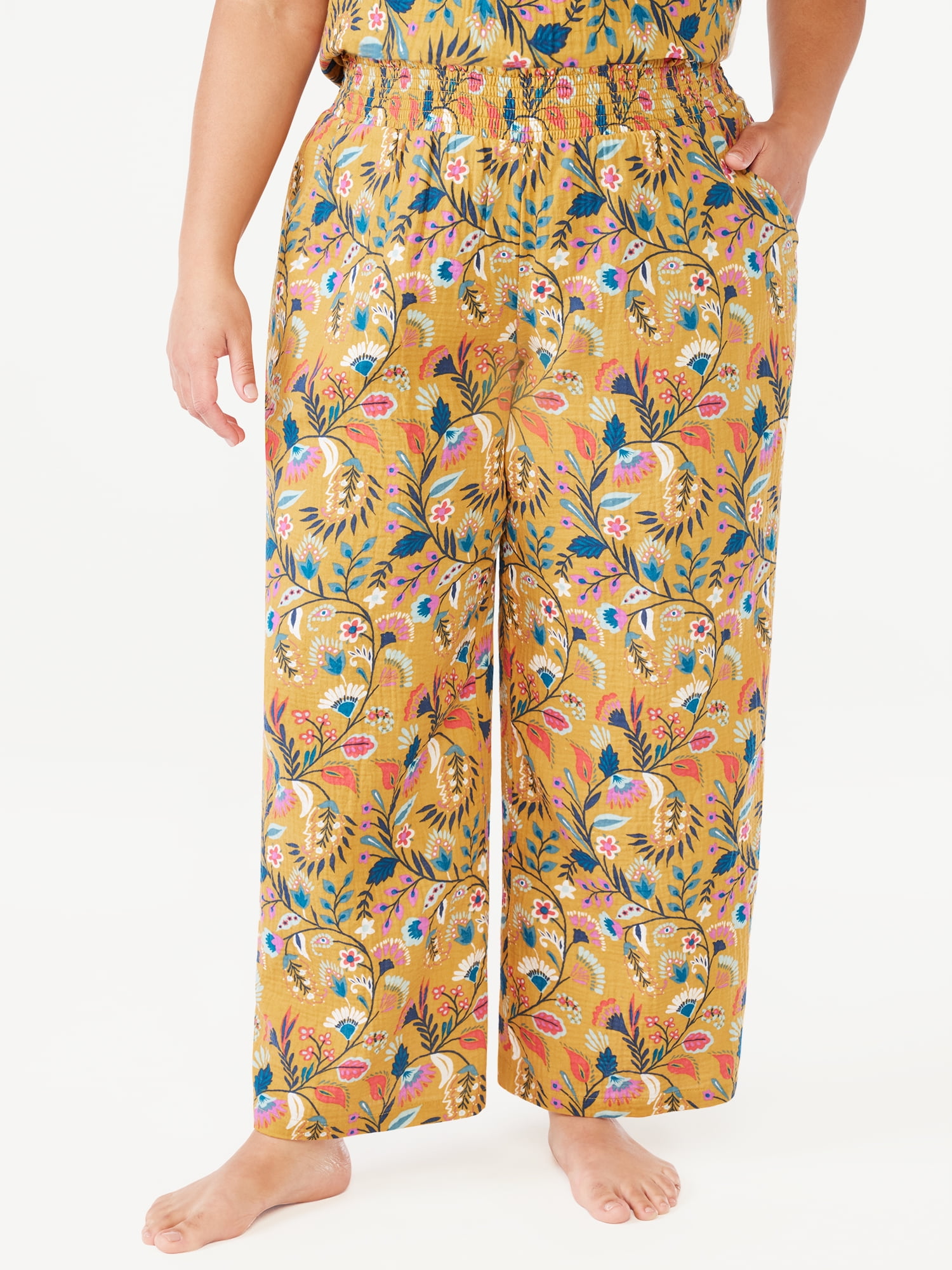 Joyspun Women's Smocked Waist Gauze Sleep Pants, Sizes S to 3X