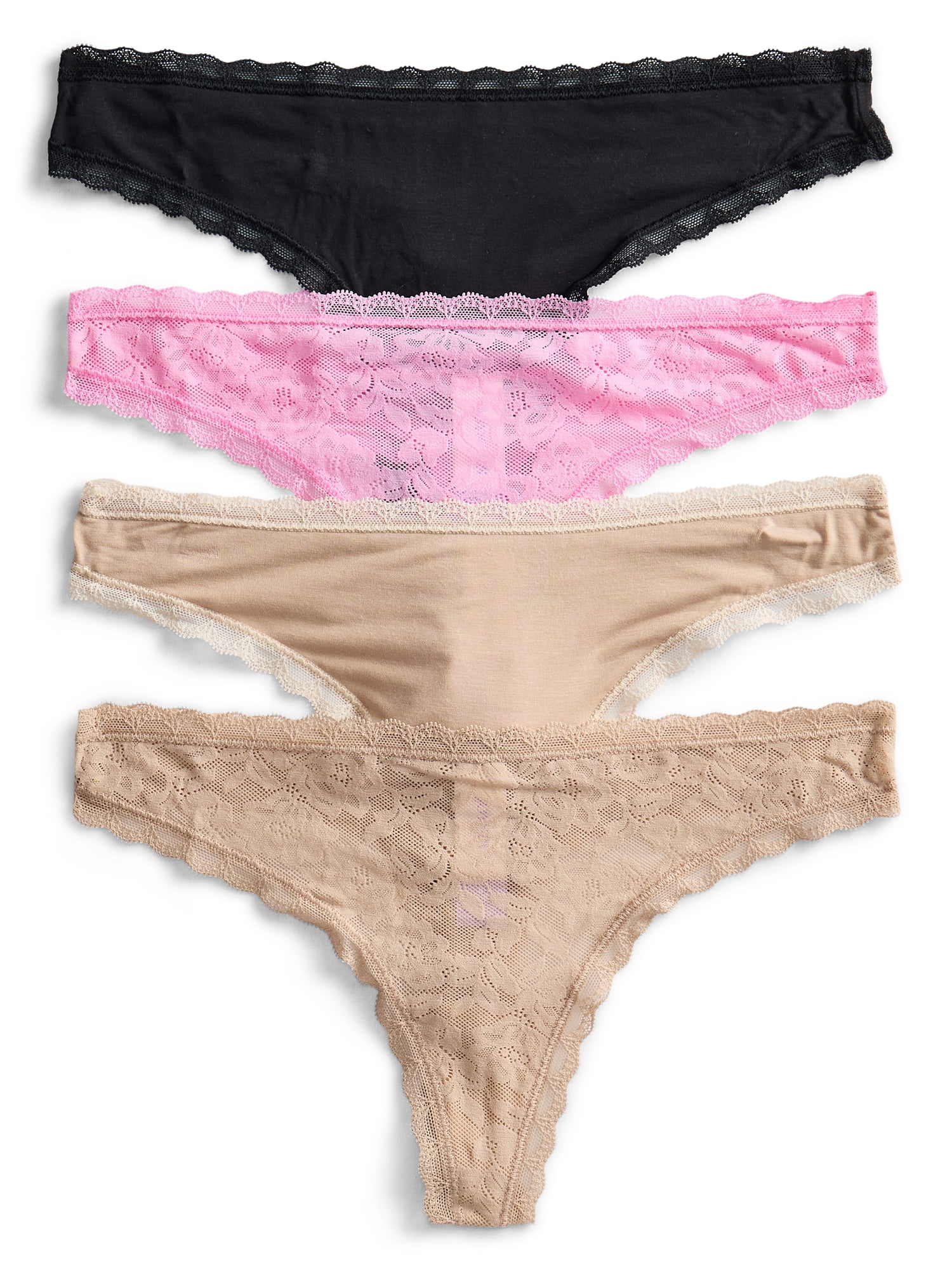 Joyspun Women's Soft Touch Lace Thong Panties, 4-Pack, Sizes XS-3XL