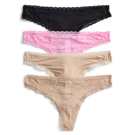 Joyspun Women's Soft Touch Lace Thong Panties, 4-Pack, Sizes XS-3XL