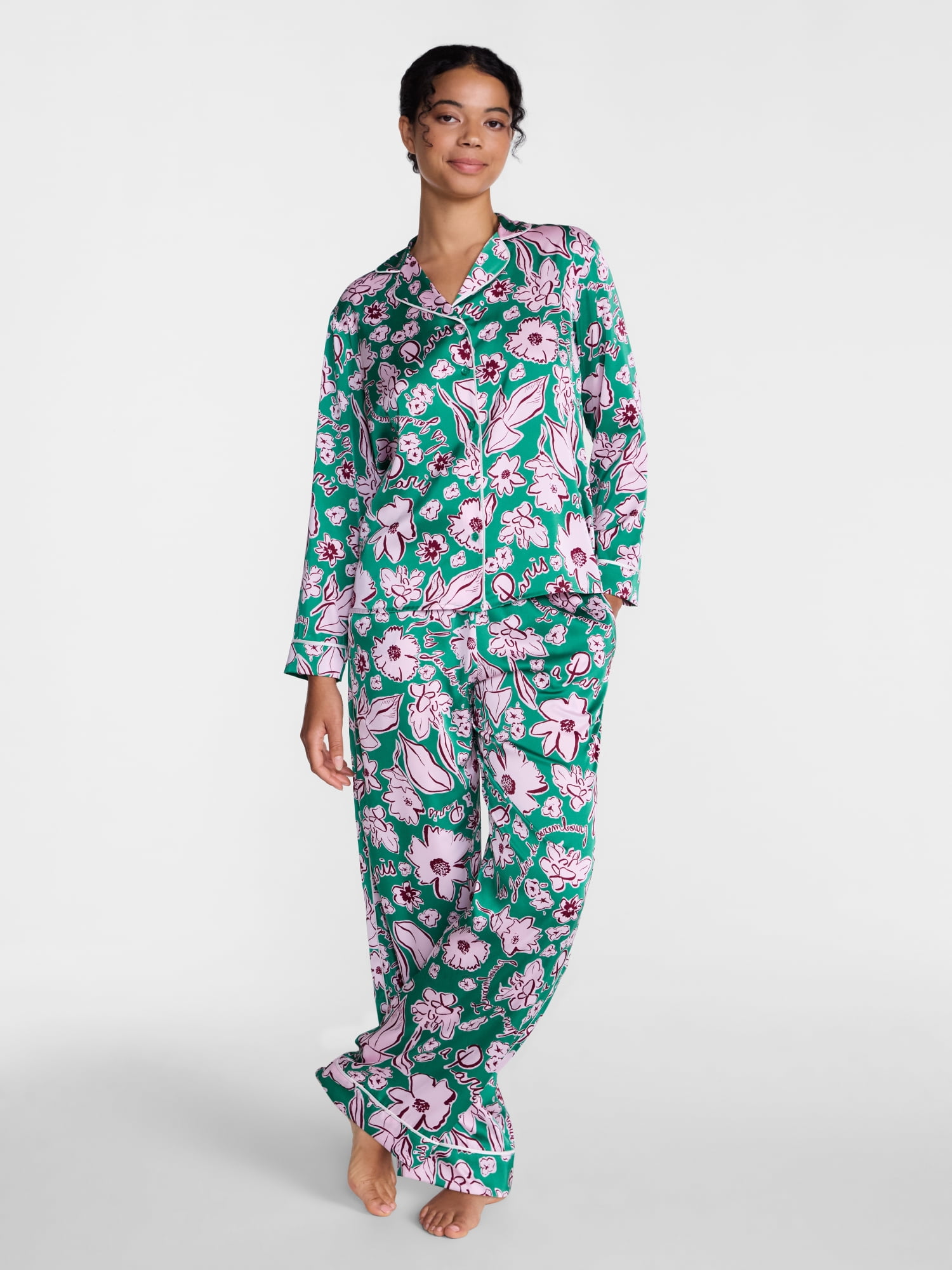 Joyspun Women’s Stretch Satin Sleep Top and Pants, 2-Piece Set, Sizes XS to 3X
