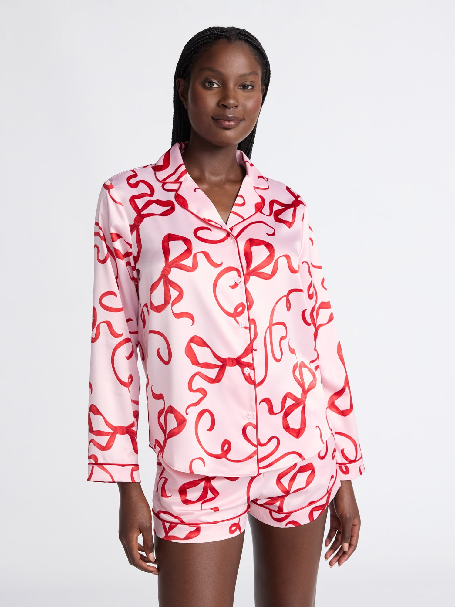 Joyspun Women's Stretch Satin Notch Long Sleeve Top and Shorts