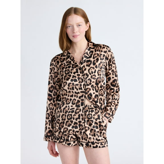 Joyspun Women’s Stretch Satin Notch Long Sleeve Top and Shorts Pajama Set, 2-Piece, Sizes XS-3X