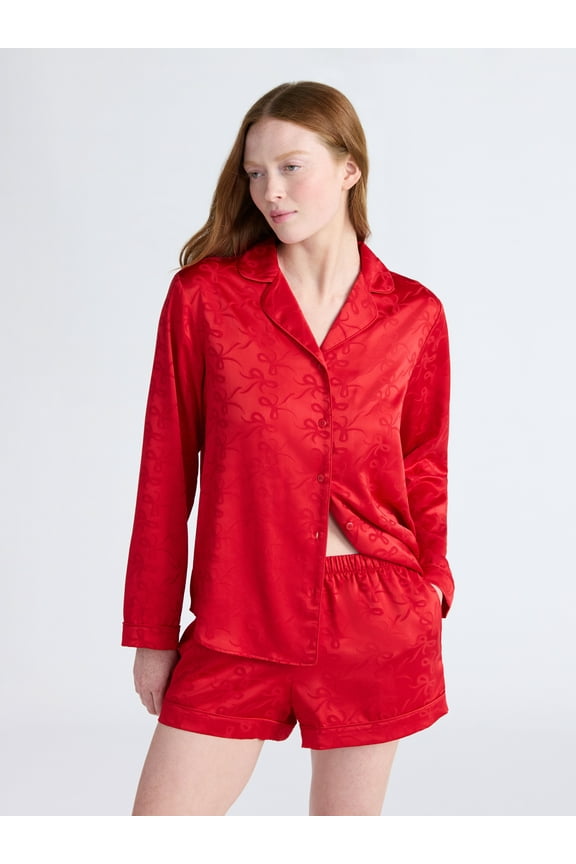 Women’s Stretch Satin Notch Long Sleeve Top and Shorts Pajama Set, 2-Piece, Sizes XS-3X