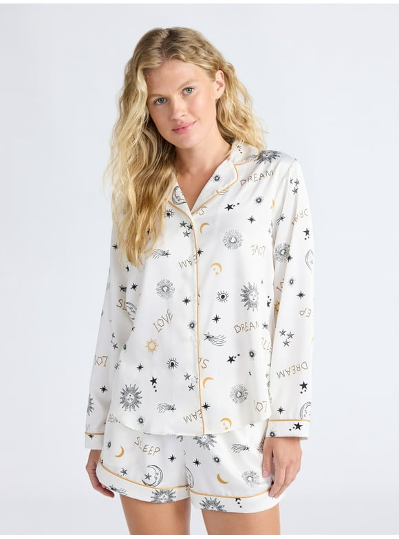 Women’s Stretch Satin Notch Long Sleeve Top and Shorts Pajama Set, 2-Piece, Sizes XS-3X