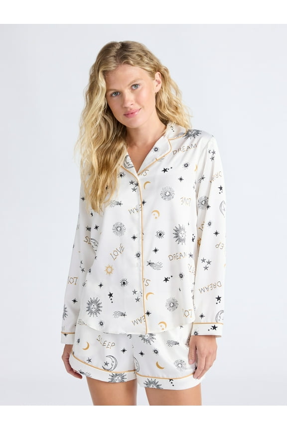 Women’s Stretch Satin Notch Long Sleeve Top and Shorts Pajama Set, 2-Piece, Sizes XS-3X