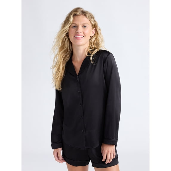 Joyspun Women’s Stretch Satin Notch Long Sleeve Top and Shorts Pajama Set, 2-Piece, Sizes XS-3X