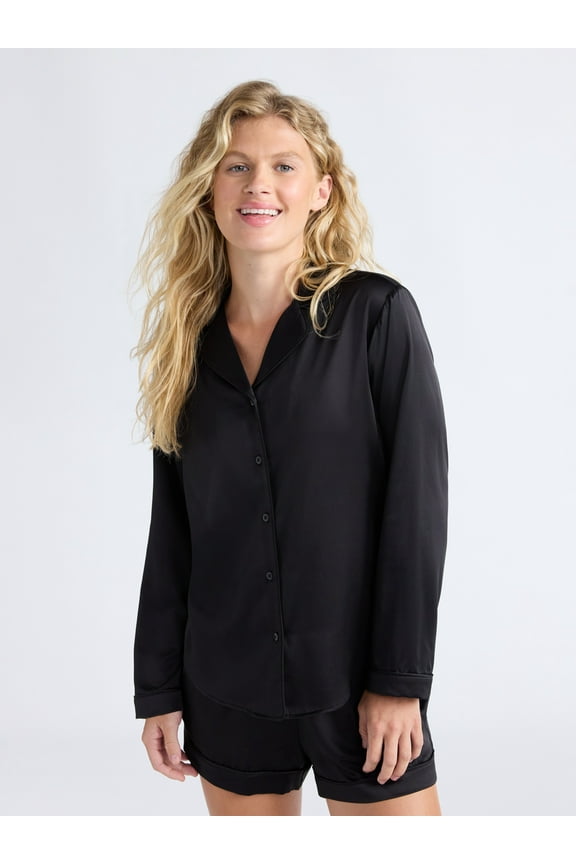 Women’s Stretch Satin Notch Long Sleeve Top and Shorts Pajama Set, 2-Piece, Sizes XS-3X