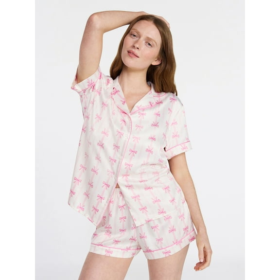 Joyspun Women’s Stretch Satin Short Sleeve Top and Shorts Pajama Set, Sizes XS-3X