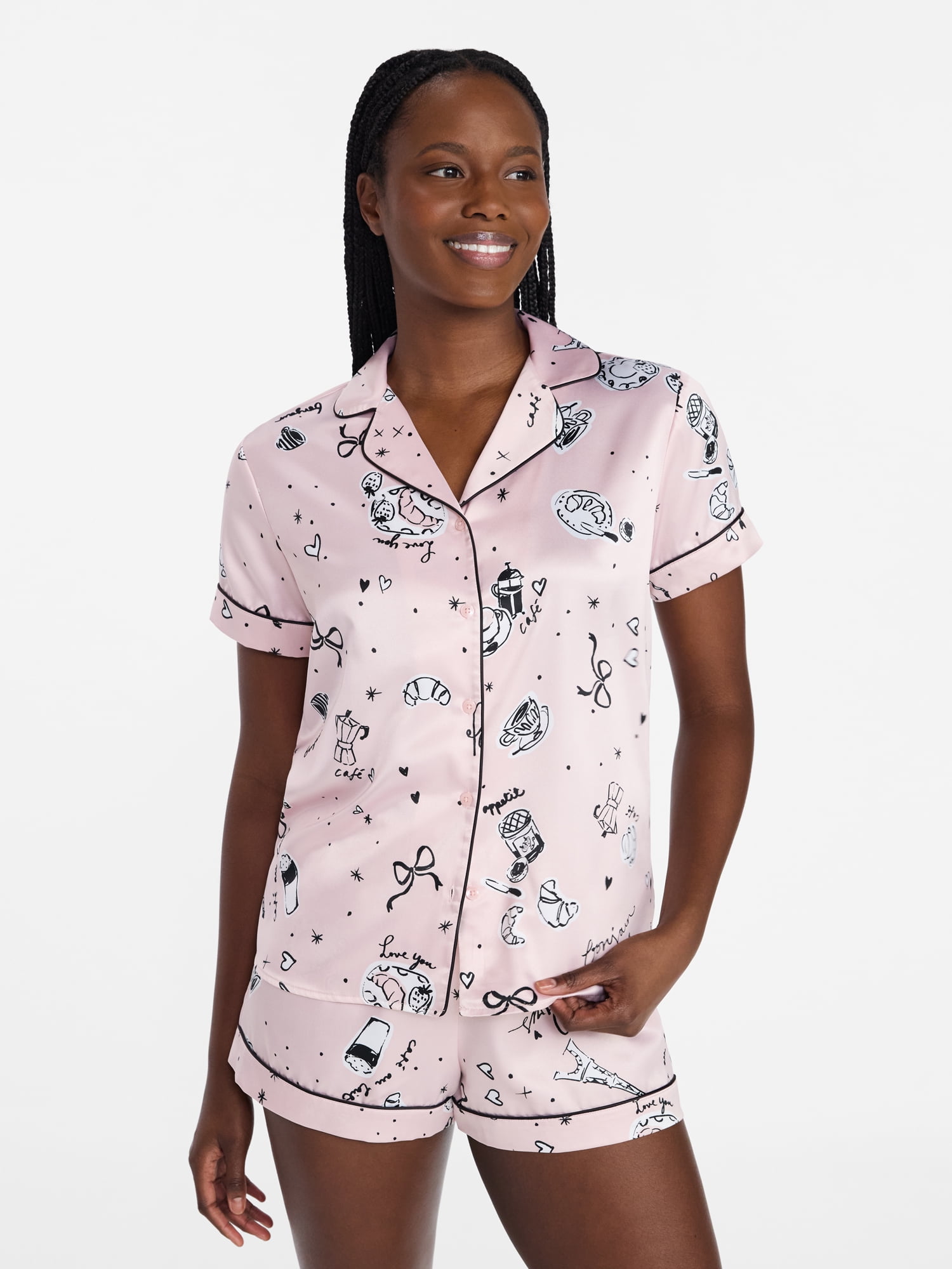 Joyspun Women’s Stretch Satin Short Sleeve Top and Shorts Pajama Set, Sizes XS-3X